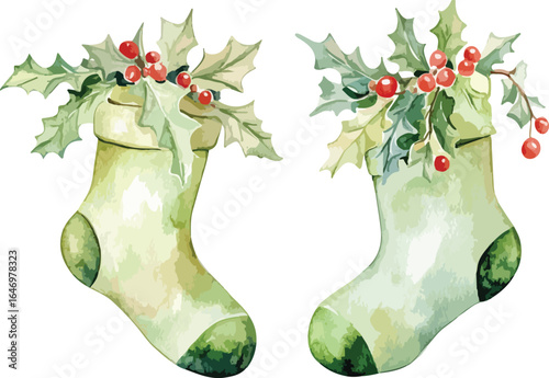 Watercolor Christmas Stockings with Holly Berries and Leaves Illustration