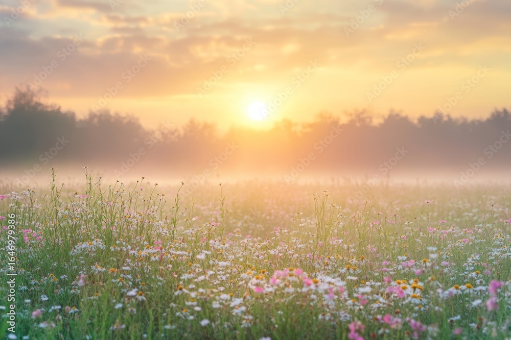 Naklejka premium Misty Summer Sunrise Over Wildflower Meadow – Serene Nature Landscape