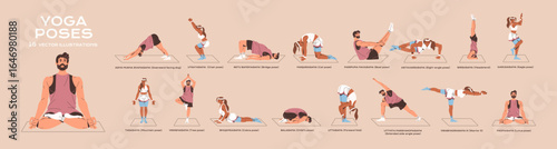 People stand in yoga poses, asanas and practice a meditation set. Athletes in postures are training and stretching. Man and woman in sportswear do sports exercises. Flat isolated vector illustrations.