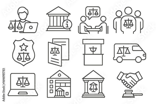 Public Legal Icons. Line style icons of public legal access: legal aid icon, courthouse directory, free consultation symbol,