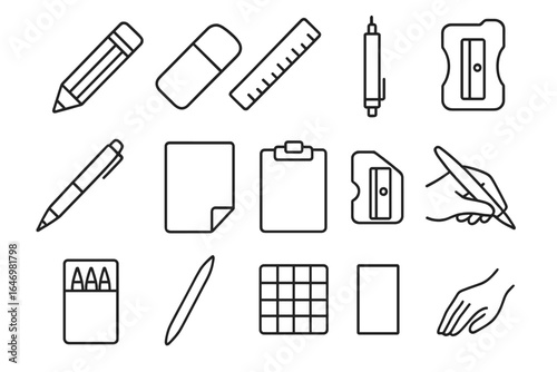 Drawing Tools Icons. Line style icons of drawing essentials: graphite pencil, eraser icon, ruler icon, mechanical pencil, fine