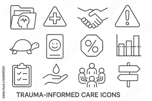 Trauma-Informed Care Icons. Line style icons of trauma-informed care: trauma history file, safety first symbol, trust-building