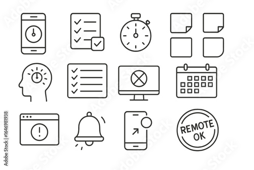 Remote Work Essentials Icons. Line style icons of remote productivity: time tracker app, task checklist, Pomodoro timer, digital
