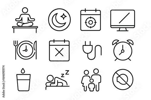 Work-Life Balance Icons. Line style icons of work-life balance: yoga icon at desk, evening off badge, focus time calendar, screen