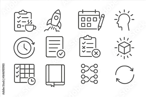 Work Routine Icons. Line style icons of work routines: morning routine checklist, start-up ritual, daily planning block, focus