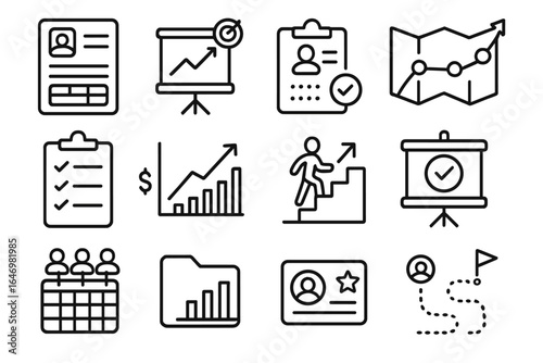 Career Productivity Icons. Line style icons of career productivity: resume builder icon, job goal chart, interview prep sheet,