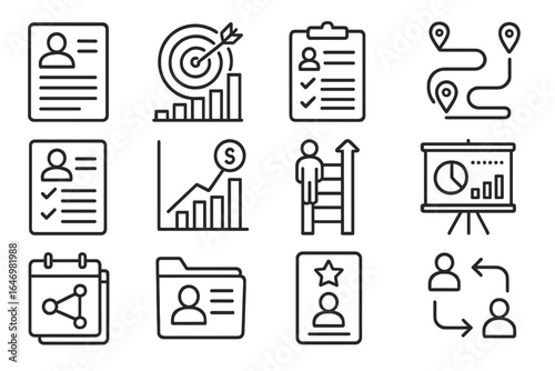 Career Productivity Icons. Line style icons of career productivity: resume builder icon, job goal chart, interview prep sheet,