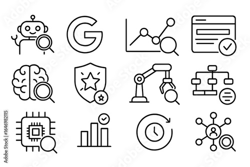Search Algorithm Icons. Line style icons of search algorithms: search bot icon, Google algorithm update, ranking signal chart,