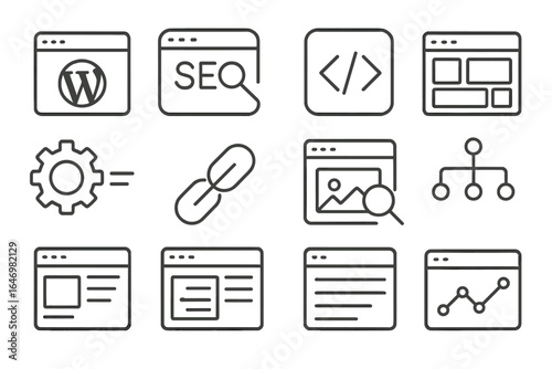 SEO CMS Icons. Line style icons of SEO-friendly CMS: WordPress dashboard icon, SEO plugin screen, content editor tag, page builder