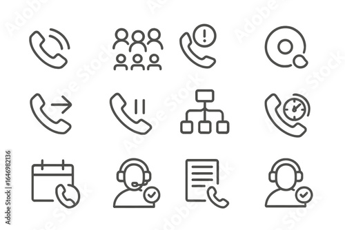 Line Style Phone Icons. Line style icons of phone support: ringing phone icon, call queue icon, missed call alert, call recording