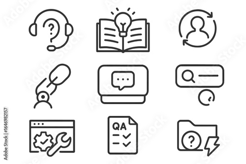 Self-Service Icons. Line style icons of customer self-service: help center icon, self-help guide, account reset icon, knowledge