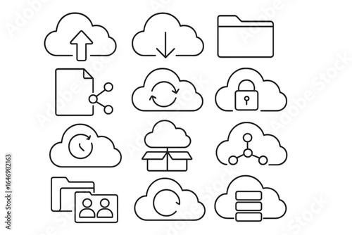 Cloud Storage Icons. Line style icons of cloud storage: cloud upload arrow, cloud download arrow, storage folder icon, shared file