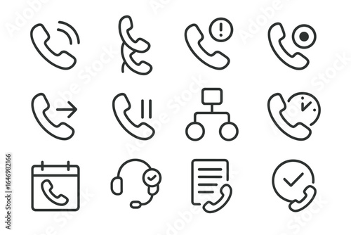 Line Style Phone Icons. Line style icons of phone support: ringing phone icon, call queue icon, missed call alert, call recording