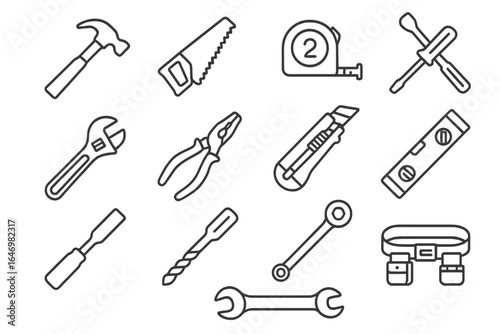 Construction Tool Icons. Line style icons of basic construction tools: hammer icon, handsaw icon, measuring tape, screwdriver icon