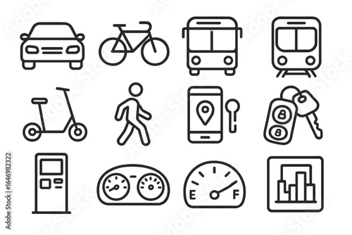 Transport Icons Collection. Line style icons of daily transportation: car icon, bicycle icon, public bus icon, metro train,