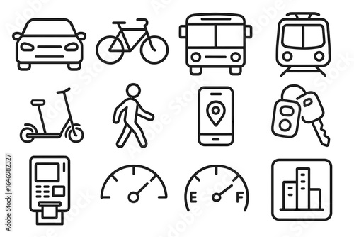 Transport Icons Collection. Line style icons of daily transportation: car icon, bicycle icon, public bus icon, metro train,