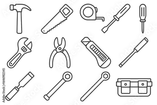 Construction Tool Icons. Line style icons of basic construction tools: hammer icon, handsaw icon, measuring tape, screwdriver icon