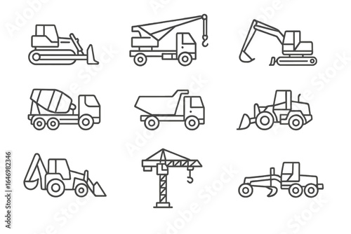 Construction Machinery Icons. Line style icons of heavy construction machinery: bulldozer icon, crane truck, excavator icon,