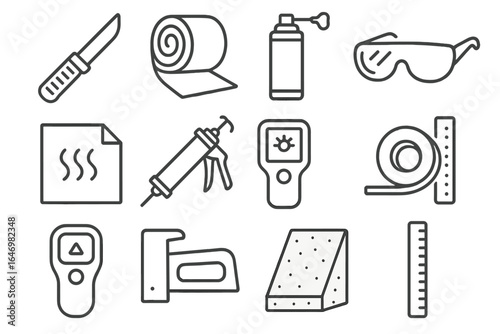 Insulation Tools Icons. Line style icons of insulation tools: insulation knife, batt roll, spray foam can, safety goggles, vapor