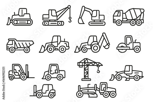 Construction Machinery Icons. Line style icons of heavy construction machinery: bulldozer icon, crane truck, excavator icon,