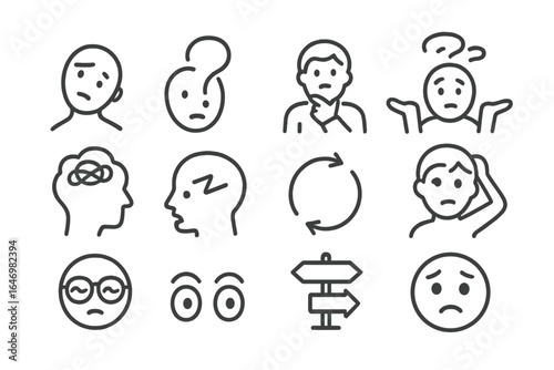 Icons of Indecision. Line style icons of confusion and hesitation: tilted head, question mark face, puzzled gesture, shrugging