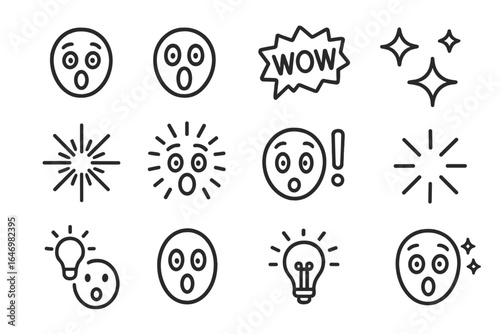 Amazed Reaction Icons. Line style icons of surprise and amazement: eyes wide open, jaw drop, wow bubble, sparkles icon, magic