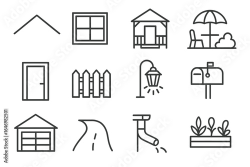 Exterior Design Icons. Line style icons of exterior design: roof icon, window frames, front porch, backyard space, entrance door,