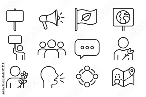 Environmental Protest Icons. Line style icons of environmental protest: protest sign, megaphone icon, green flag, eco placard,