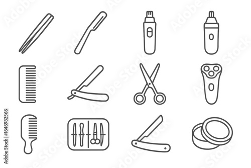 Grooming Tools Icons. Line style icons of grooming tools: tweezers icon, eyebrow razor, facial trimmer, nose hair clipper, beard