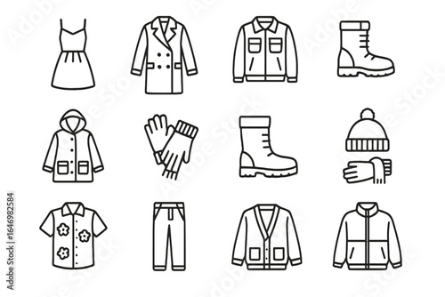 Seasonal Fashion Icons. Line style icons of seasonal fashion: summer dress, winter coat, spring jacket, autumn boots, raincoat