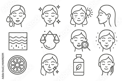 Beauty Health Icons. Line style icons of beauty and health: skin hydration, glowing skin icon, blemish-free face, UV protection,