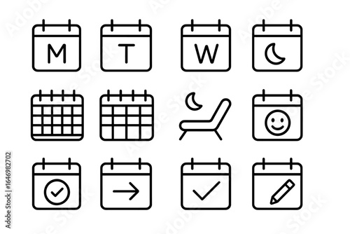 Weekly Planning Icons. Line style icons of weekly planning: Monday icon, Tuesday icon, Wednesday icon, Thursday icon, Friday icon,