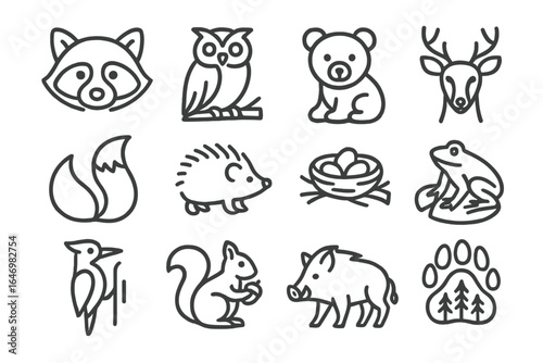 Forest Creature Icons. Line style icons of forest creatures: raccoon icon, owl branch, bear cub, deer with antlers, fox tail,