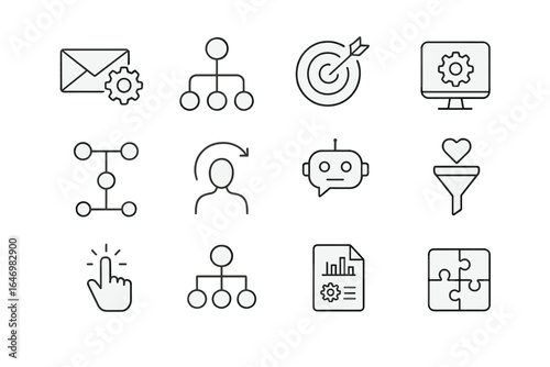 Marketing Automation Icons. Line style icons of marketing automation: automated email icon, workflow path, action trigger, CRM