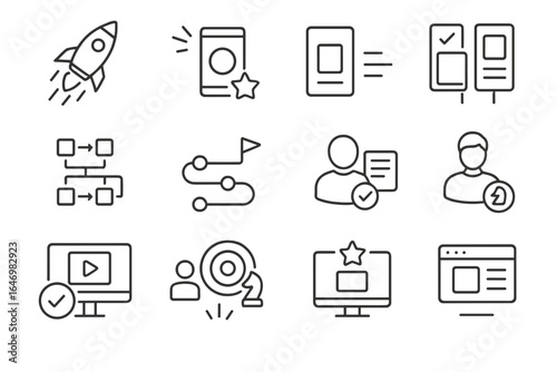 Product Marketing Icons. Line style icons of product marketing: product launch icon, feature highlight, product comparison,