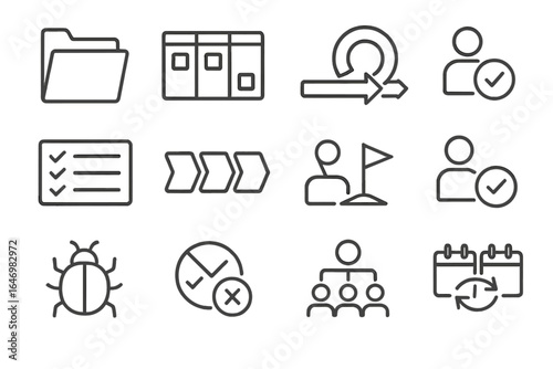 Project Management Icons. Line style icons of project and task management: project folder, kanban board, backlog icon, sprint icon