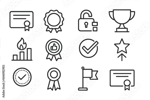 Achievement Icons Collection. Line style icons of certifications and achievements: certificate icon, badge of completion, skills
