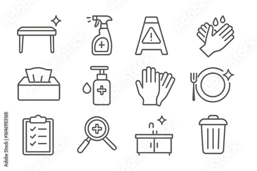 Cleaning Icons Set. Line style icons of cleaning and hygiene: clean table icon, sanitized spray, wet floor sign, wash hands icon,