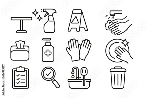 Cleaning Icons Set. Line style icons of cleaning and hygiene: clean table icon, sanitized spray, wet floor sign, wash hands icon,