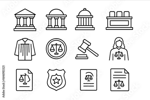 Judiciary Icons Line Style. Line style icons of judiciary symbols: supreme court icon, appellate court icon, federal court icon,