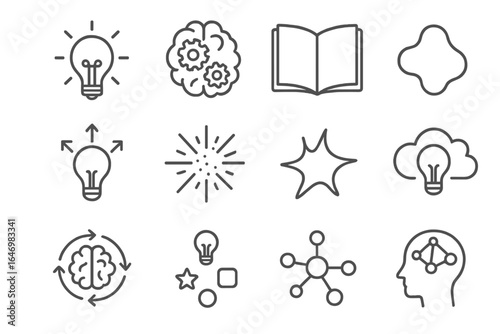 Creativity Line Icons. Line style icons of creativity symbols: light bulb icon, brain with gears, open sketchbook, expanding idea