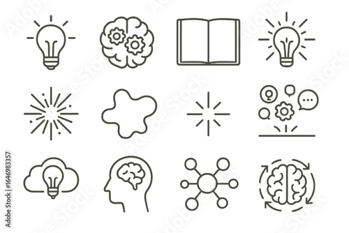 Creativity Line Icons. Line style icons of creativity symbols: light bulb icon, brain with gears, open sketchbook, expanding idea