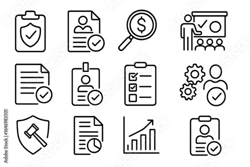HR Audit Icons. Line style icons of HR audit and assessment: compliance audit icon, employee file check, salary audit icon,