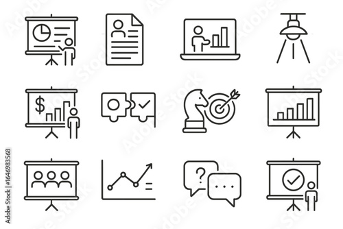 Business Pitch Icons. Line style icons of business pitch: investor pitch deck, pitch script, startup demo icon, stage spotlight,
