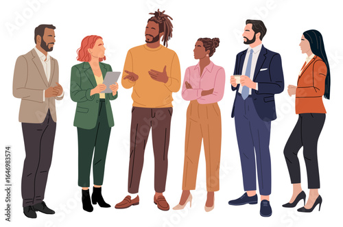 Different business team members standing, talking, communicating, taking part in business activities, meeting, brainstorming, coffee break. Multiracial people vector illustrations isolated.