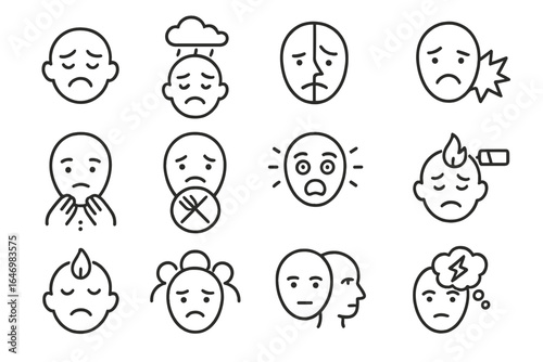 Mental Health Icons. Line style icons of mental health conditions: anxiety icon, depression icon, bipolar icon, PTSD icon, OCD