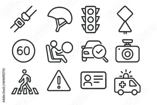 Transport Safety Icons. Line style icons of transport safety: seatbelt icon, helmet icon, traffic signal icon, road signs set,