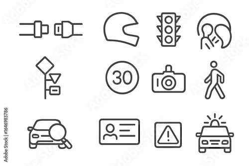 Transport Safety Icons. Line style icons of transport safety: seatbelt icon, helmet icon, traffic signal icon, road signs set,