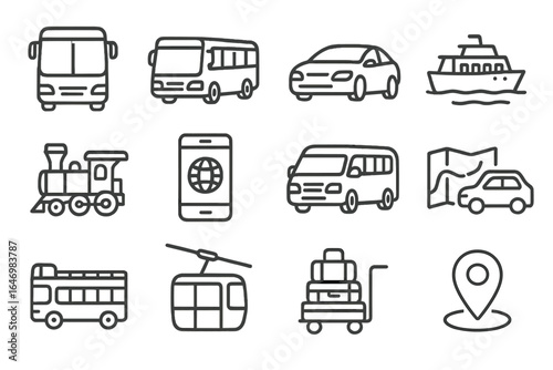 Tour Transportation Icons. Line style icons of transportation for tourism: tour bus icon, airport shuttle, rental car, sightseeing