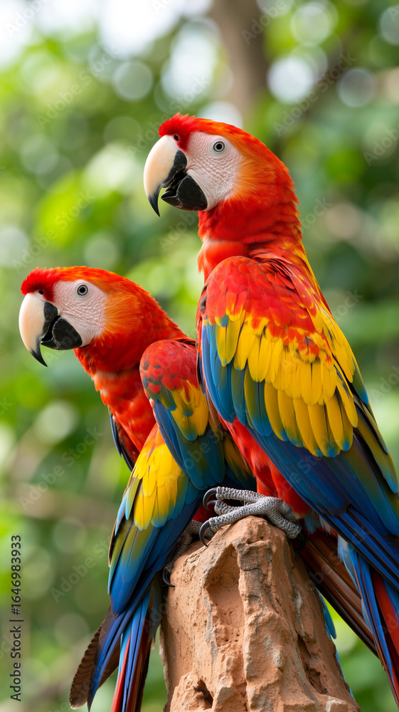 Fototapeta premium Vibrant scarlet macaws perching gracefully among lush greenery in a tropical habitat